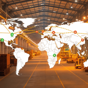 global logistics map over active warehouse showing power tool supply chain routes