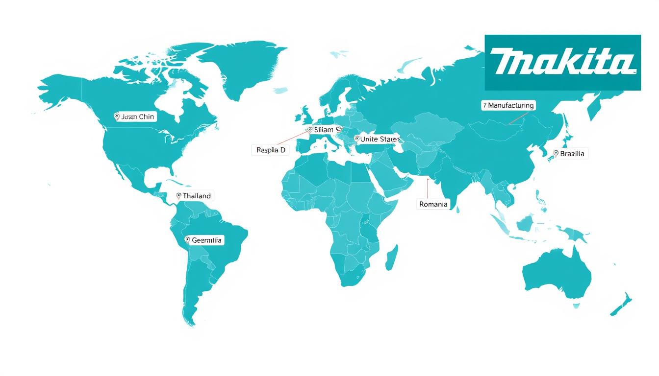 global map showing makita manufacturing locations across major regions