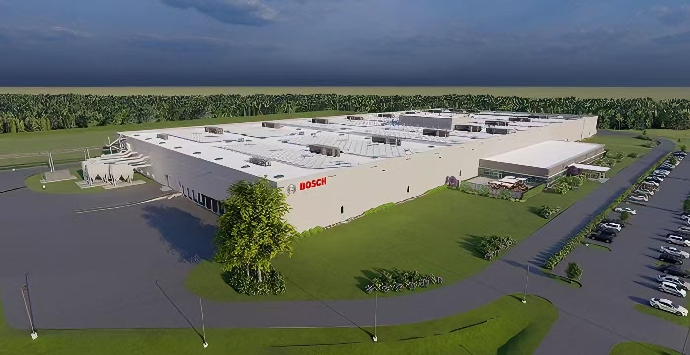 aerial view of large bosch power tool manufacturing plant surrounded by greenery