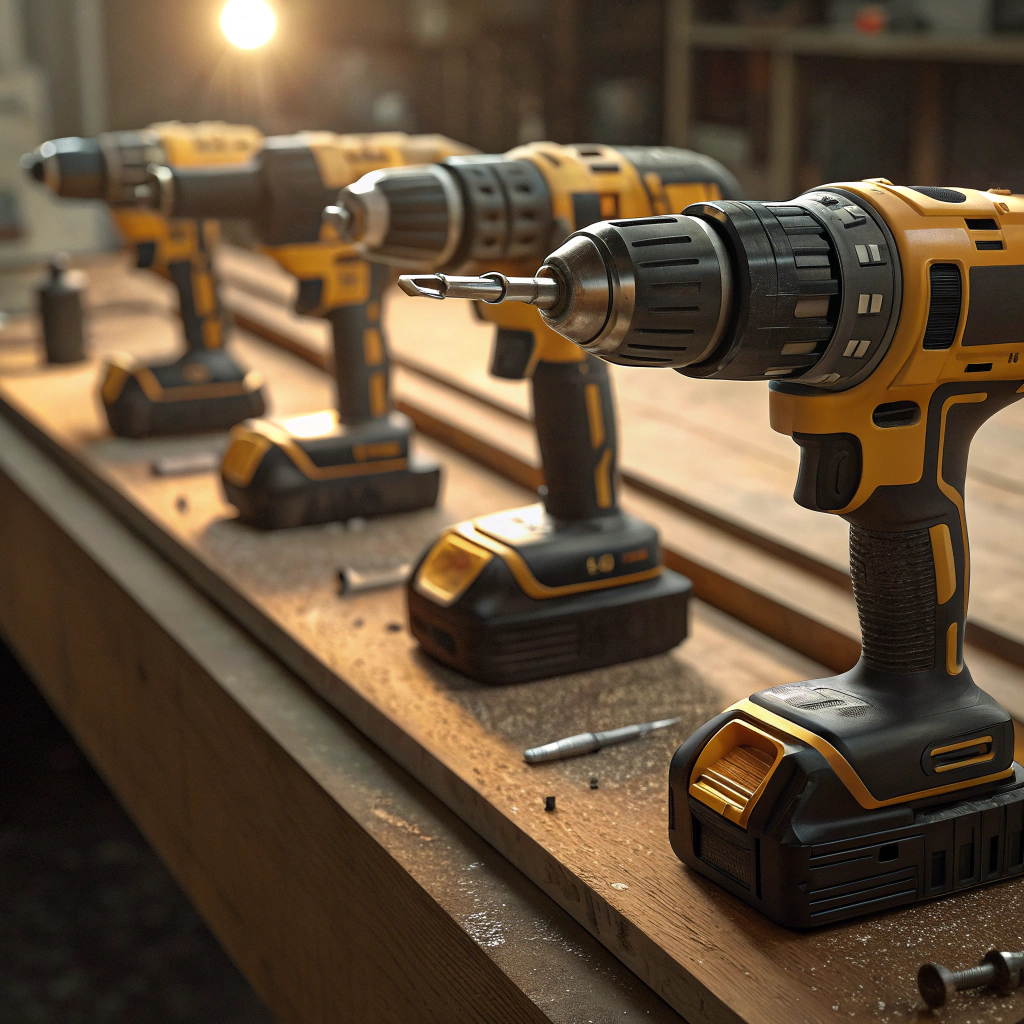dewalt drills lined on workbench being inspected for origin and consistency