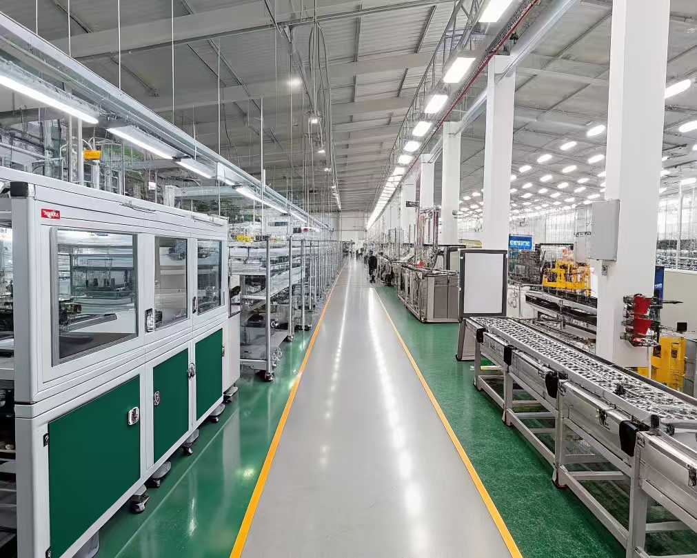 bright automated bosch production line with conveyors and equipment for cordless tools