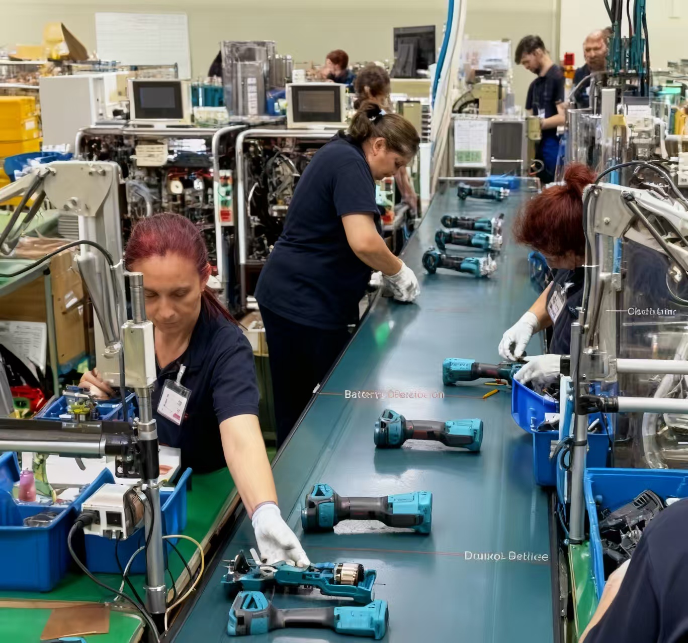 workers assembling makita cordless tools along automated production line