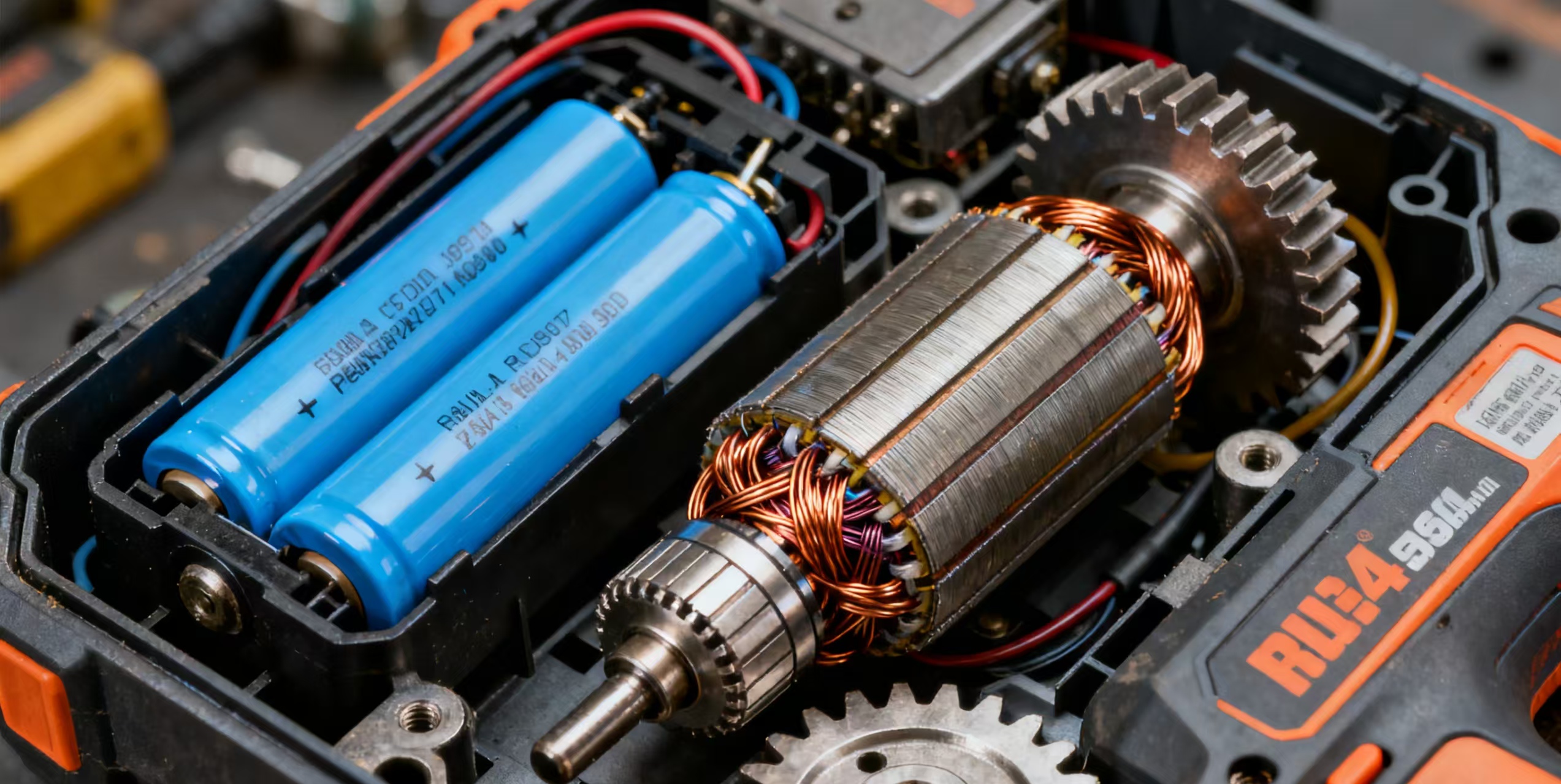 internal components of cordless power tool including motor gears and lithium cells