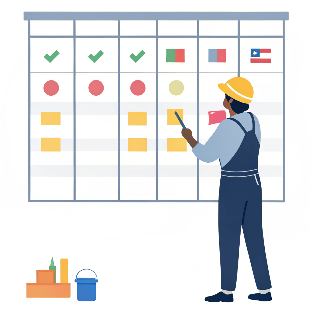 illustration of a worker comparing different country flags and quality indicators on a planning board
