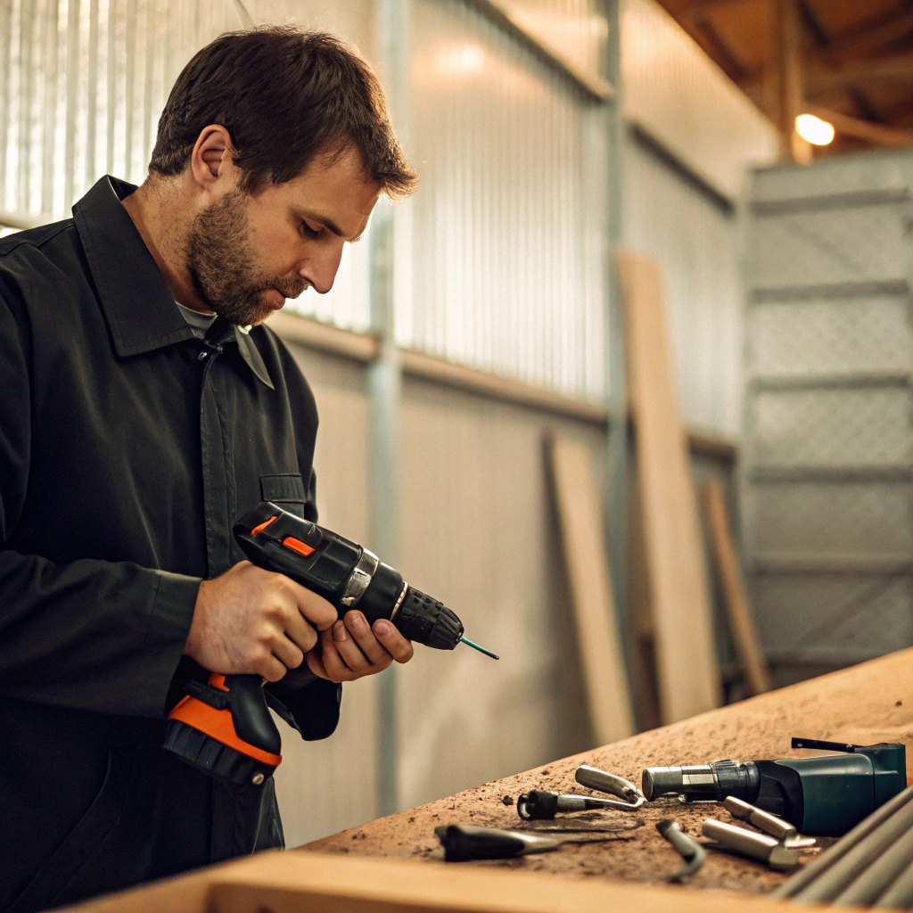 technician checking black plus decker drill origin label on factory floor