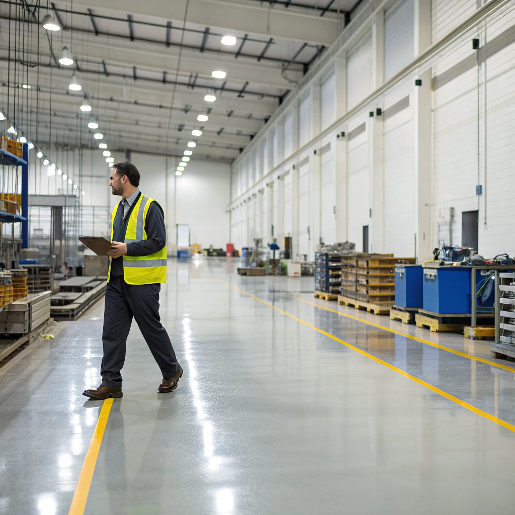 inspector walking through a bright modern factory hall with pallets and machinery