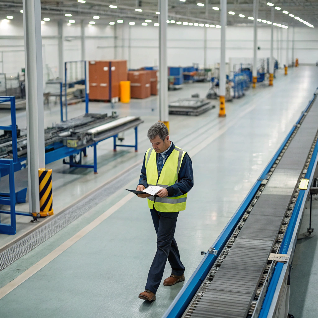 factory supervisor walking production line while reviewing stanley audit checklist