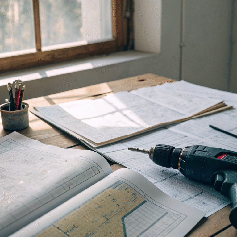 engineering drawings on a desk next to a cordless drill used for evaluation