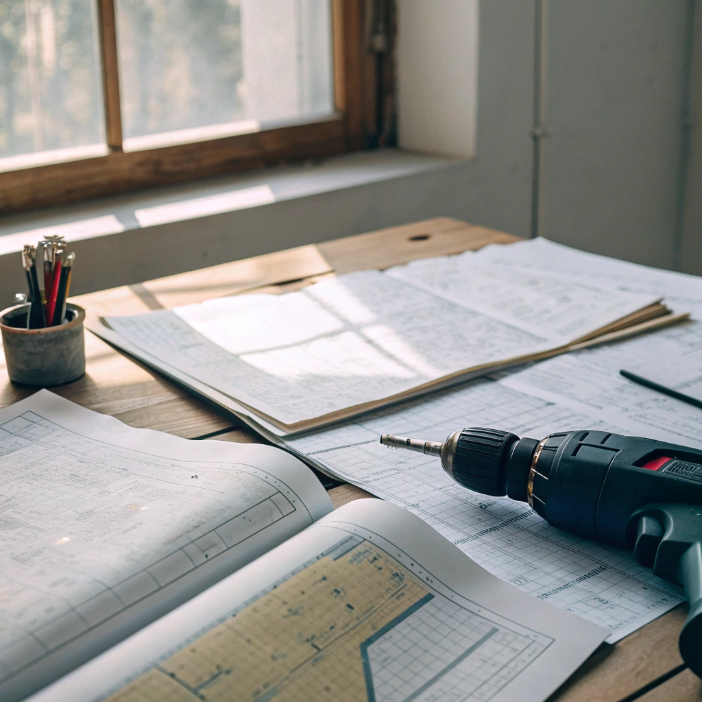 engineering drawings on a desk next to a cordless drill used for evaluation