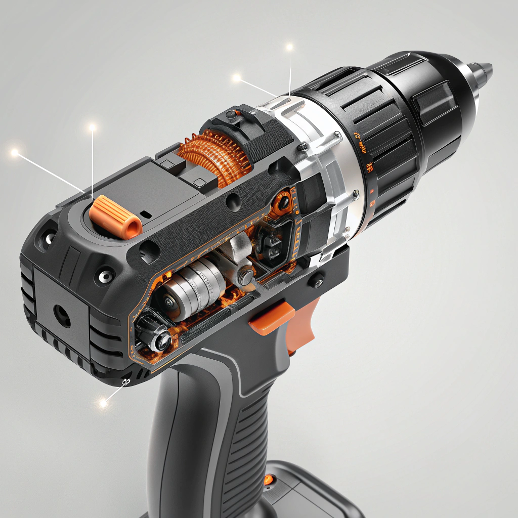 cutaway view of black plus decker power tool showing gears motor and bearings