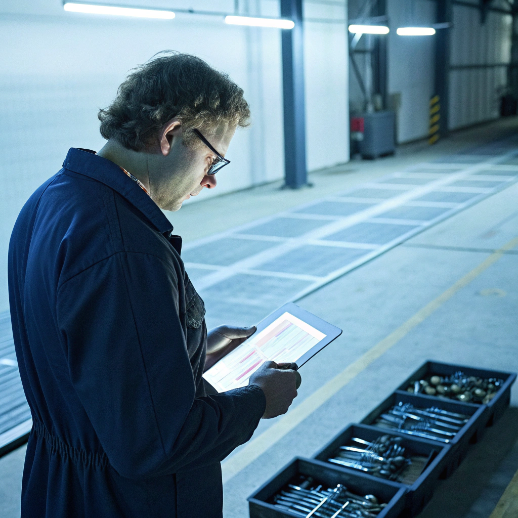 factory engineer reviewing digital production data for multiple power tool plants worldwide