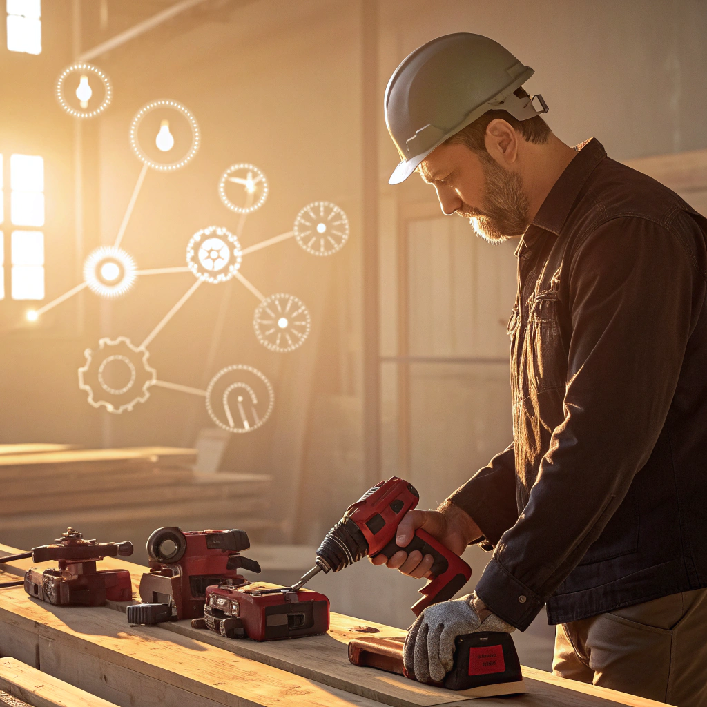 robotic assembly line loading bins while manufacturing components for cordless power tools